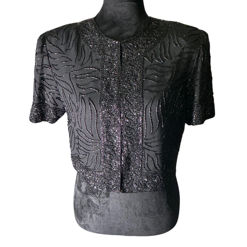 BRILLIANTE BY J.A. Black Beaded Bolero Jacket Cropped Evening Wear Size P/S‎